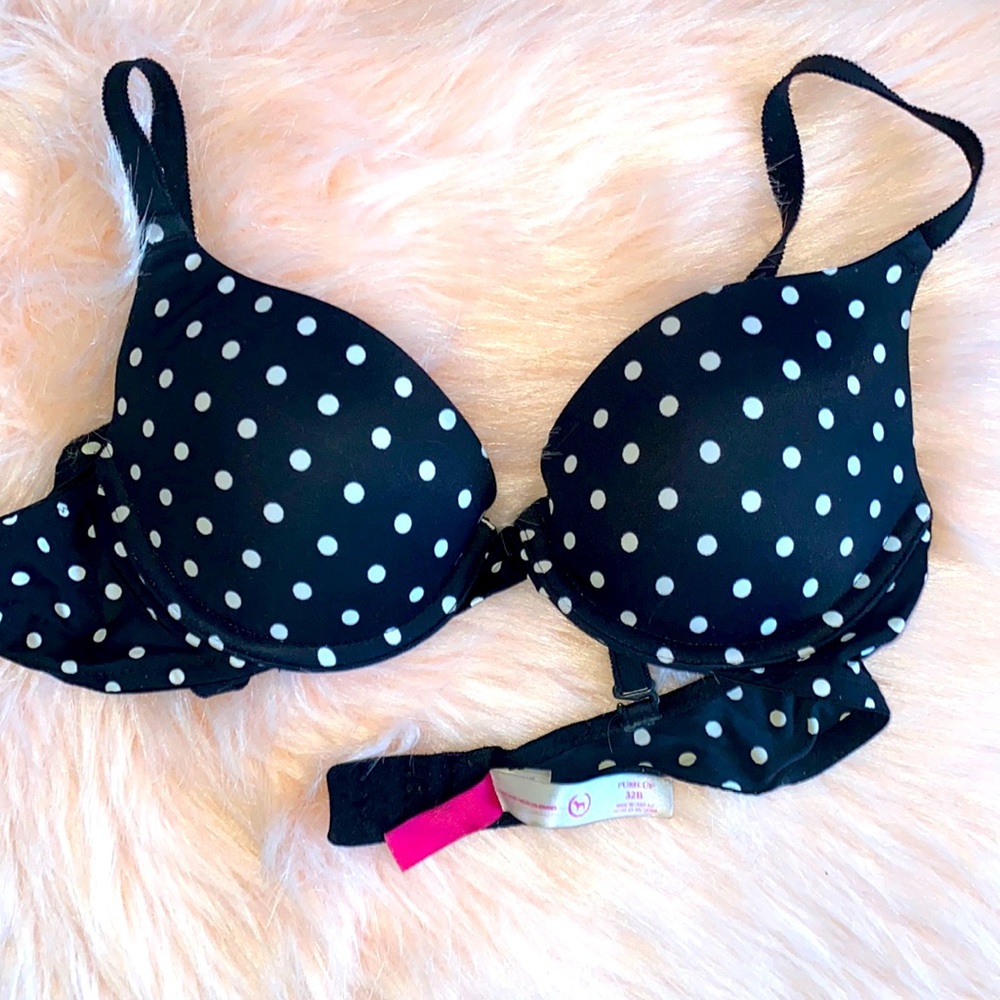PINK VICTORIA SECRETS PUSH UP BRA BLACK AND WHITE POKA DOTS  32B